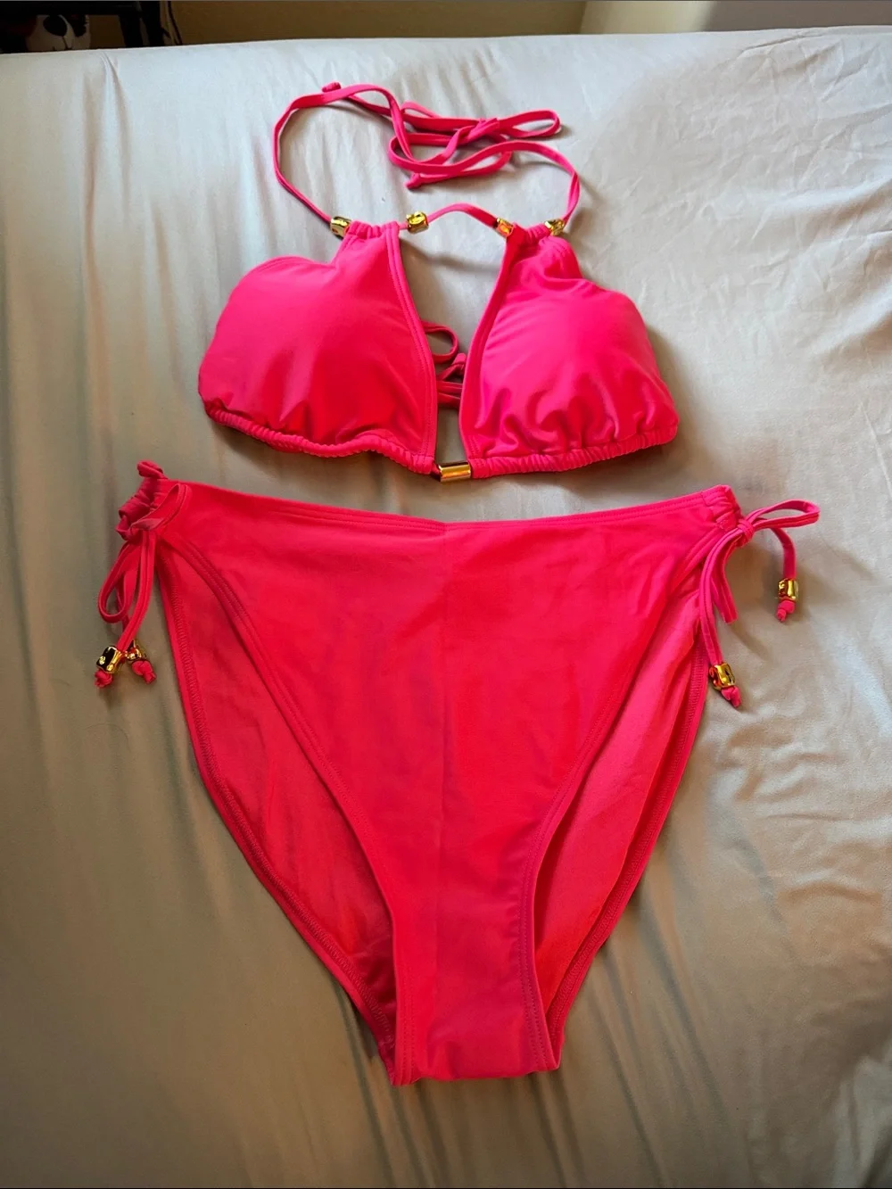 NWT Hot Pink High Waisted Halter Bikini Set with Gold Hardware Size L